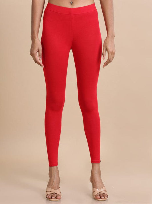 Red Solid Single-Jersey Slim-Fit Ankle-Length Leggings – Soft Stretch Everyday Bottomwear