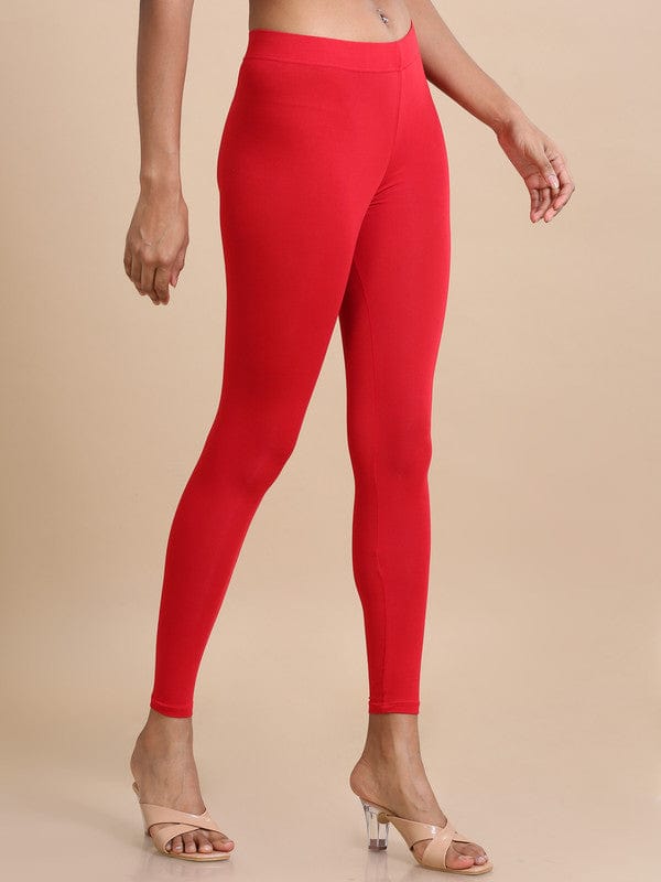 Red Solid Single-Jersey Slim-Fit Ankle-Length Leggings – Soft Stretch Everyday Bottomwear
