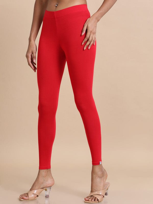 Red Solid Single-Jersey Slim-Fit Ankle-Length Leggings – Soft Stretch Everyday Bottomwear