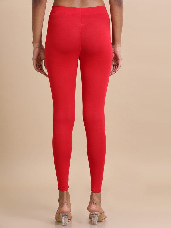 Red Solid Single-Jersey Slim-Fit Ankle-Length Leggings – Soft Stretch Everyday Bottomwear