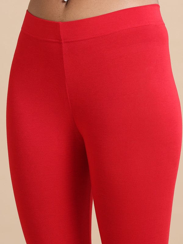 Red Solid Single-Jersey Slim-Fit Ankle-Length Leggings – Soft Stretch Everyday Bottomwear