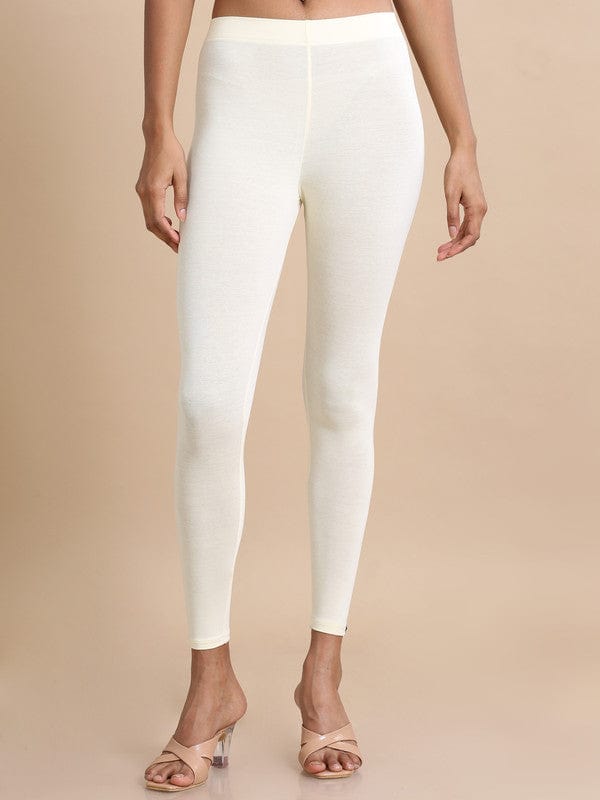 White Solid Single-Jersey Slim-Fit Ankle-Length Leggings – Soft Stretch Everyday Bottomwear