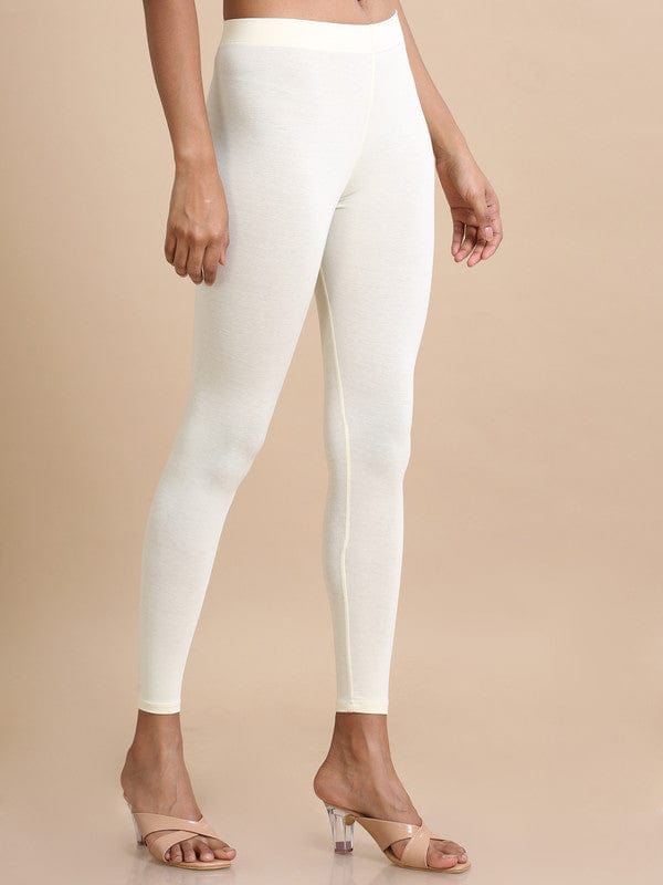 White Solid Single-Jersey Slim-Fit Ankle-Length Leggings – Soft Stretch Everyday Bottomwear
