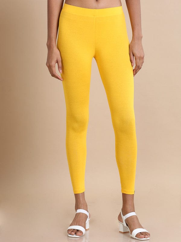 Yellow Solid Single Jersey Slim-Fit Ankle-Length Leggings – Soft Stretch Everyday Bottomwear