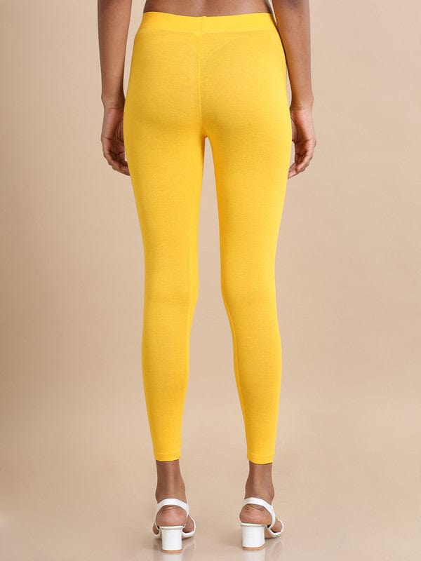 Yellow Solid Single Jersey Slim-Fit Ankle-Length Leggings – Soft Stretch Everyday Bottomwear
