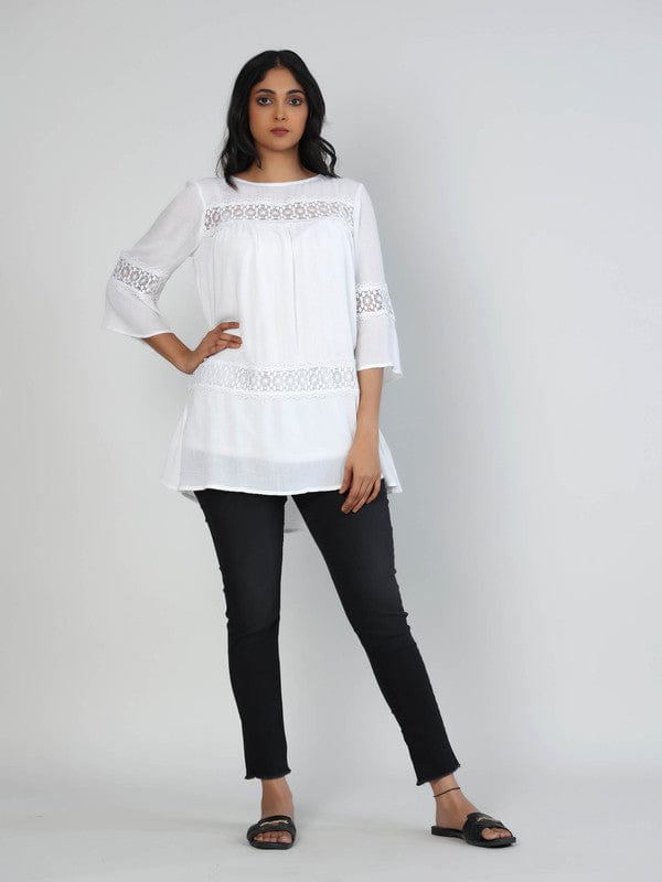 Off-White Chiffon Hip-Length Top with 3/4th Sleeves – Elegant Minimal Solid Everyday Wear