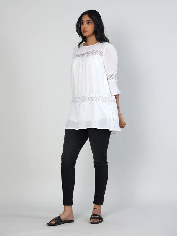 Off-White Chiffon Hip-Length Top with 3/4th Sleeves – Elegant Minimal Solid Everyday Wear
