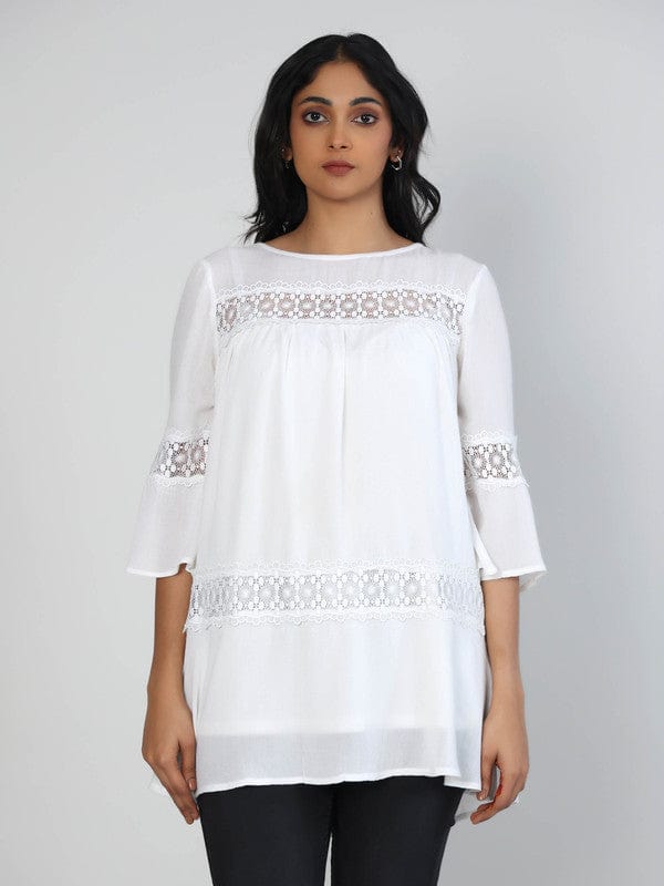 Off-White Chiffon Hip-Length Top with 3/4th Sleeves – Elegant Minimal Solid Everyday Wear