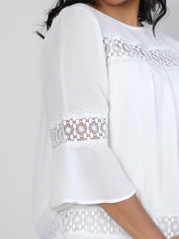 Off-White Chiffon Hip-Length Top with 3/4th Sleeves – Elegant Minimal Solid Everyday Wear