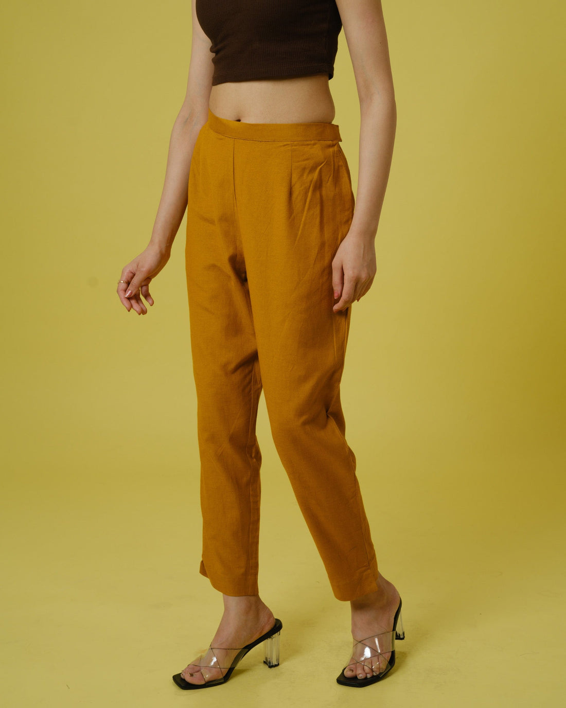 Mustard Slub Cotton Solid Ankle-Length Trousers – Comfortable Regular-Fit Everyday Bottomwear
