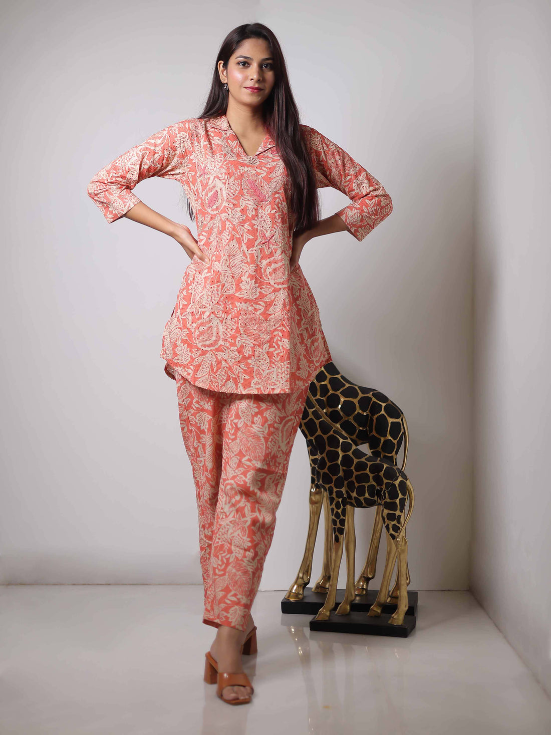 Peach 3/4th Sleeve Co-Ord Set with Stylish Minimal Design – Elegant Everyday Indo-Fusion Wear for Women