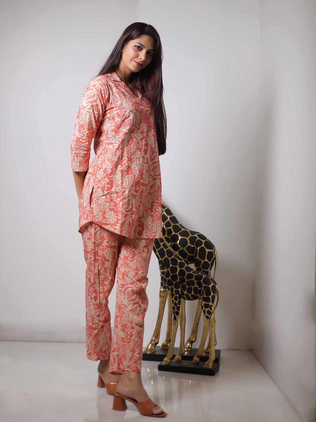 Peach 3/4th Sleeve Co-Ord Set with Stylish Minimal Design – Elegant Everyday Indo-Fusion Wear for Women