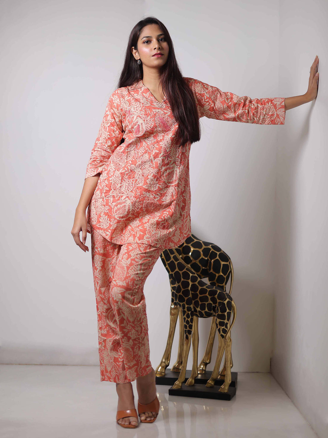 Peach 3/4th Sleeve Co-Ord Set with Stylish Minimal Design – Elegant Everyday Indo-Fusion Wear for Women