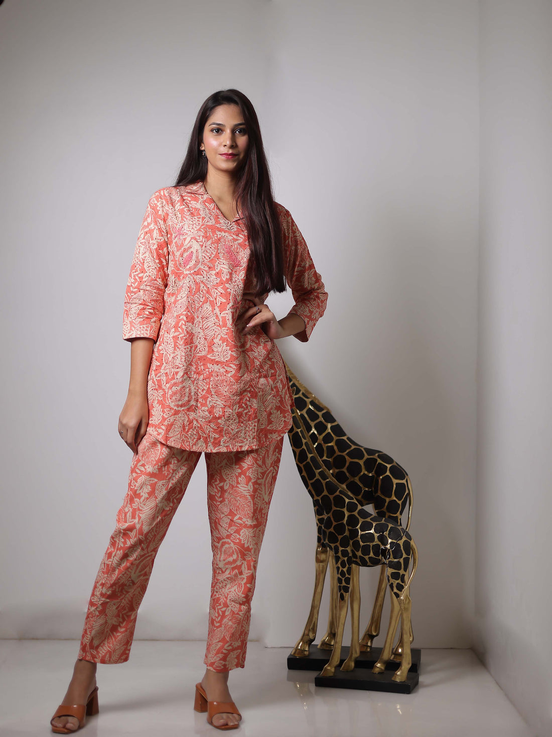 Peach 3/4th Sleeve Co-Ord Set with Stylish Minimal Design – Elegant Everyday Indo-Fusion Wear for Women