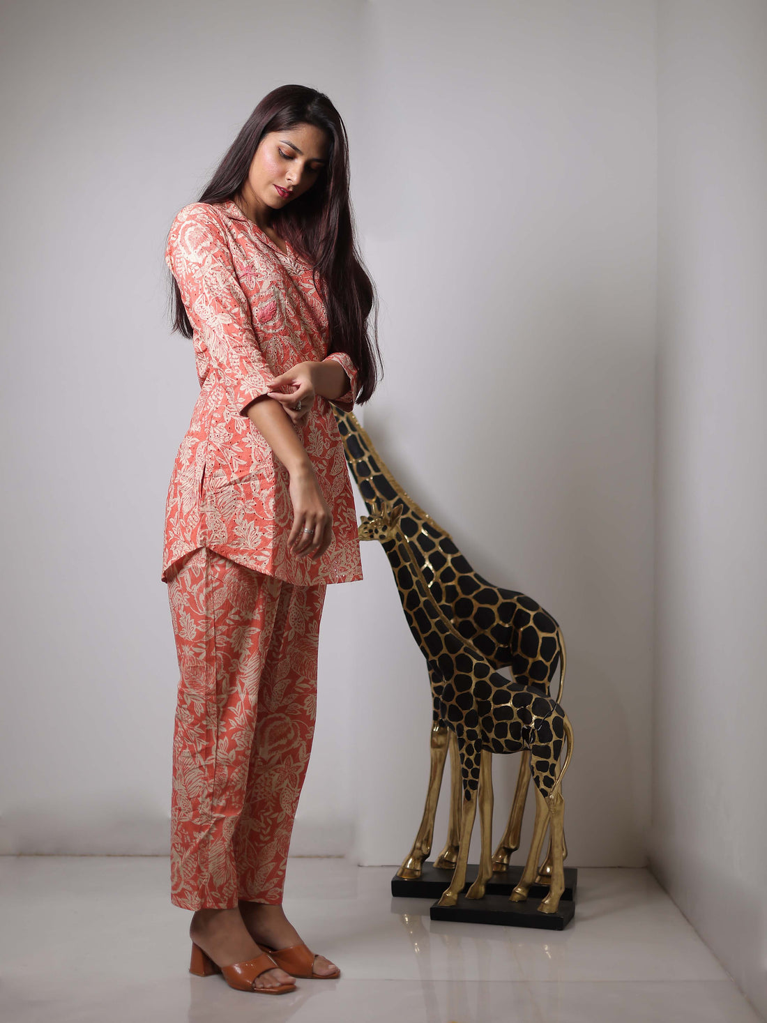 Peach 3/4th Sleeve Co-Ord Set with Stylish Minimal Design – Elegant Everyday Indo-Fusion Wear for Women