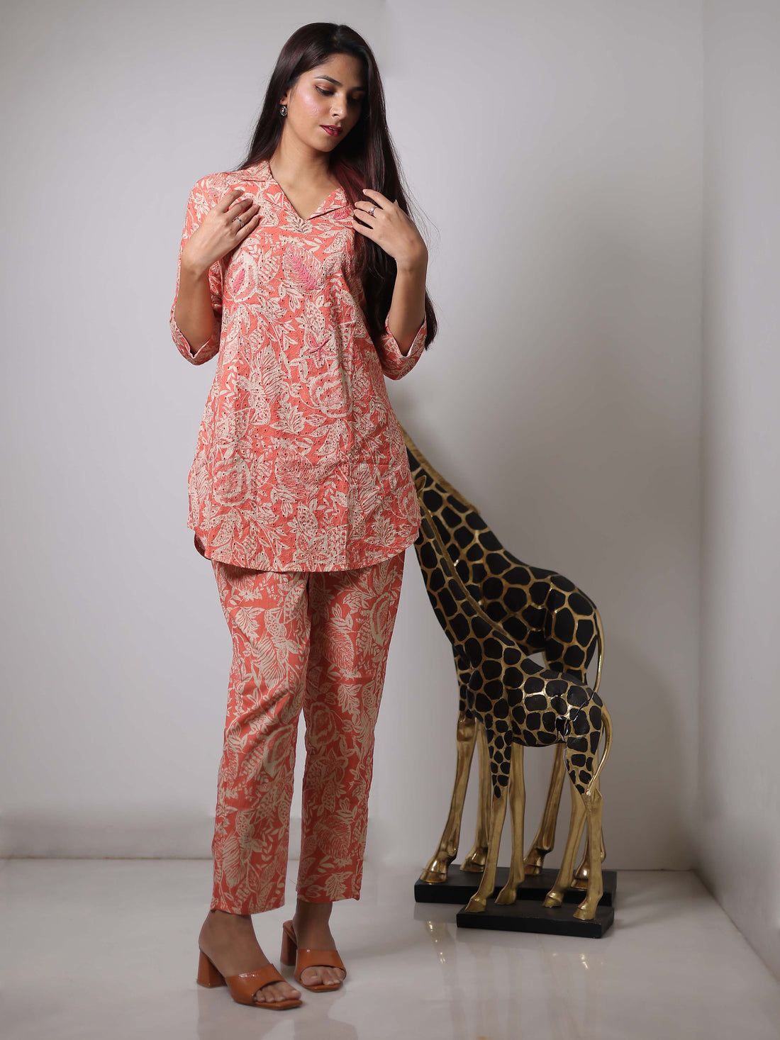 Peach 3/4th Sleeve Co-Ord Set with Stylish Minimal Design – Elegant Everyday Indo-Fusion Wear for Women