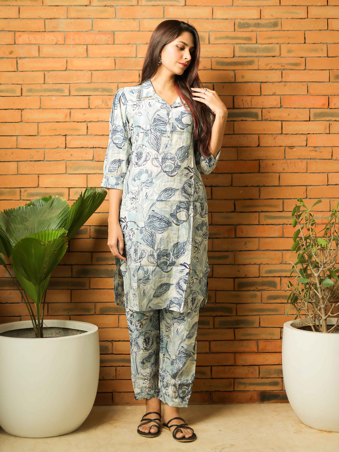 Grey 3/4th Sleeve Co-Ord Set with Minimal Contemporary Design – Elegant Everyday Fusion Wear for Women