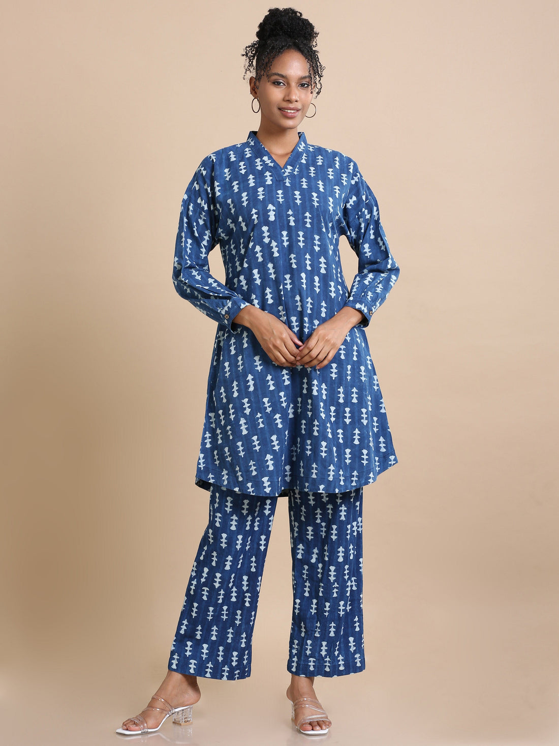 Indigo Cotton Block-Printed Knee-Length Co-Ord Set with Full Sleeves – Loose-Fit Contemporary Ethnic Wear for Women