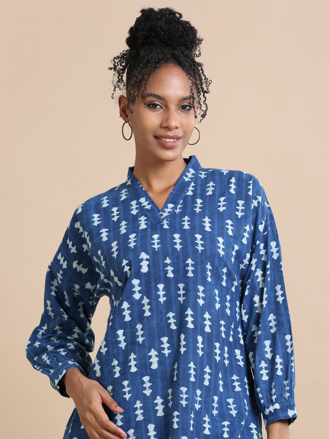 Indigo Cotton Block-Printed Knee-Length Co-Ord Set with Full Sleeves – Loose-Fit Contemporary Ethnic Wear for Women