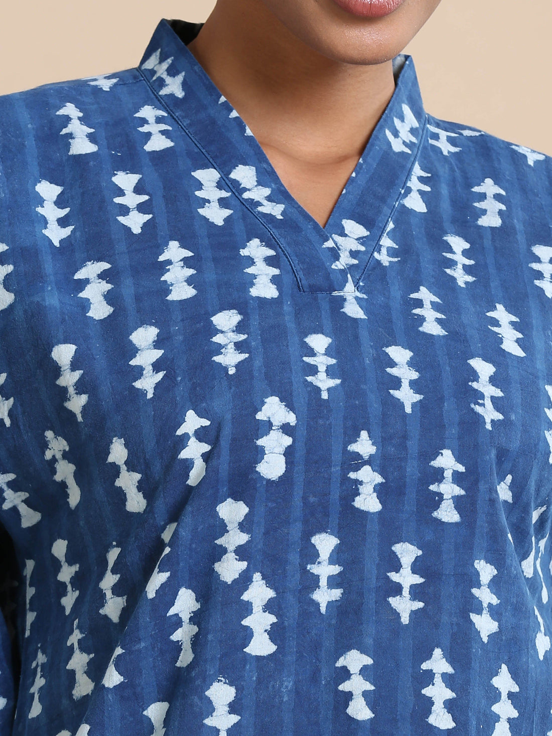 Indigo Cotton Block-Printed Knee-Length Co-Ord Set with Full Sleeves – Loose-Fit Contemporary Ethnic Wear for Women