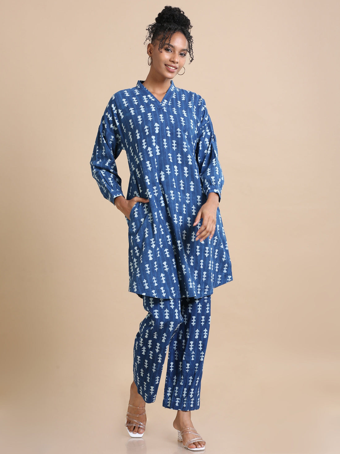 Indigo Cotton Block-Printed Knee-Length Co-Ord Set with Full Sleeves – Loose-Fit Contemporary Ethnic Wear for Women