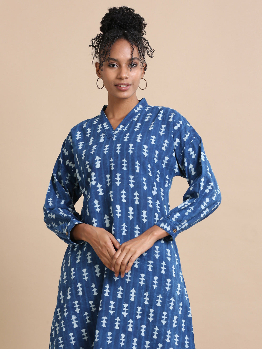 Indigo Cotton Block-Printed Knee-Length Co-Ord Set with Full Sleeves – Loose-Fit Contemporary Ethnic Wear for Women