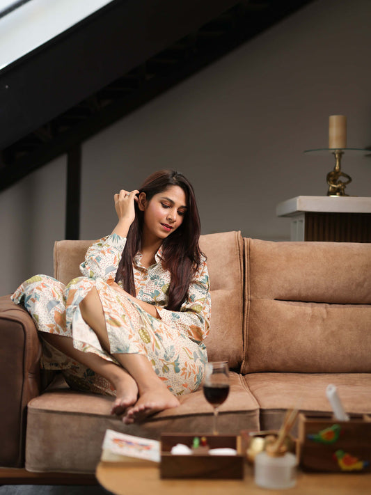 Cream 3/4th Sleeve Co-Ord Set with Minimal Chic Design – Elegant Everyday Fusion Wear for Women