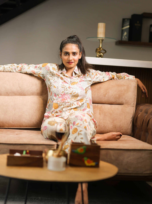 Cream 3/4th Sleeve Co-Ord Set with Minimal Contemporary Design – Elegant Everyday Indo-Fusion Wear for Women