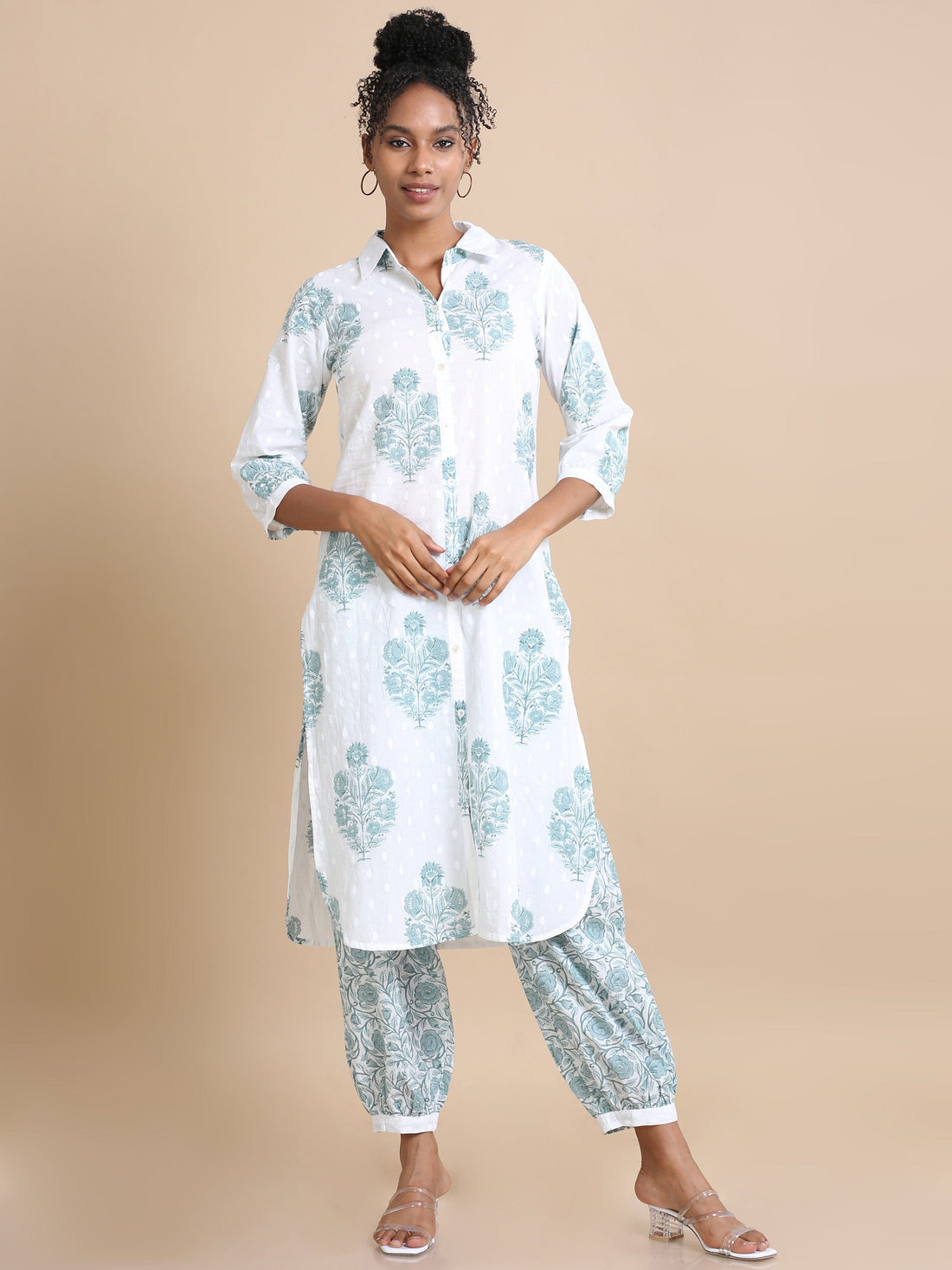 White Cotton Block-Printed Calf-Length Co-Ord Set with 3/4th Sleeves – Stylish Regular-Fit Everyday Ethnic Wear