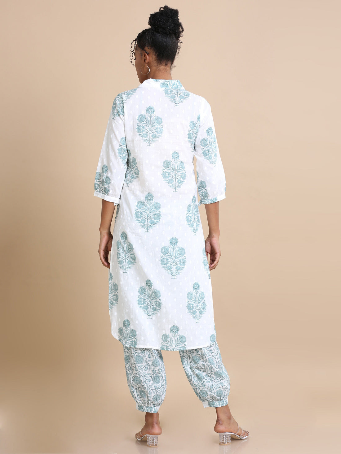 White Cotton Block-Printed Calf-Length Co-Ord Set with 3/4th Sleeves – Stylish Regular-Fit Everyday Ethnic Wear