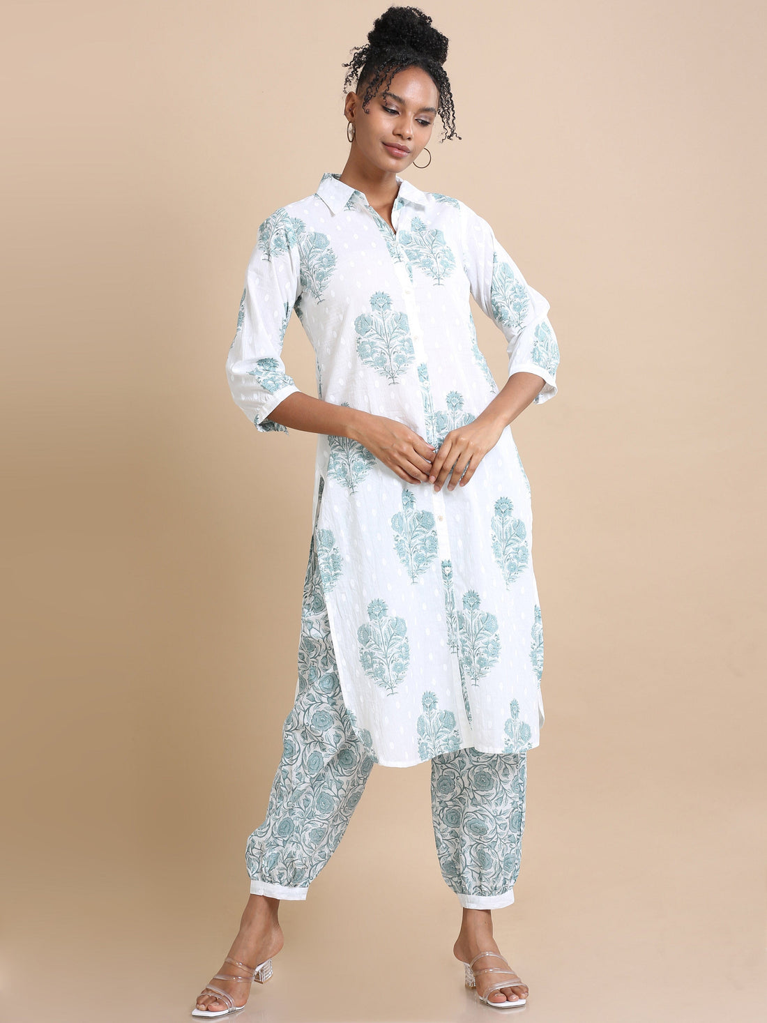 White Cotton Block-Printed Calf-Length Co-Ord Set with 3/4th Sleeves – Stylish Regular-Fit Everyday Ethnic Wear