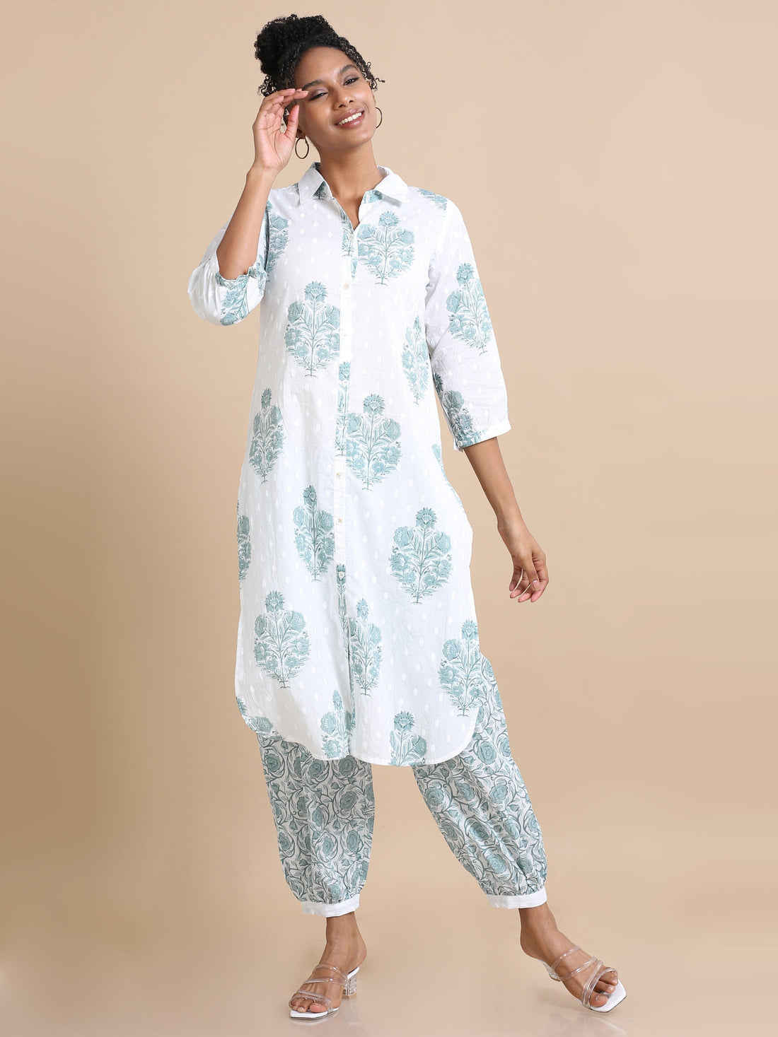 White Cotton Block-Printed Calf-Length Co-Ord Set with 3/4th Sleeves – Stylish Regular-Fit Everyday Ethnic Wear