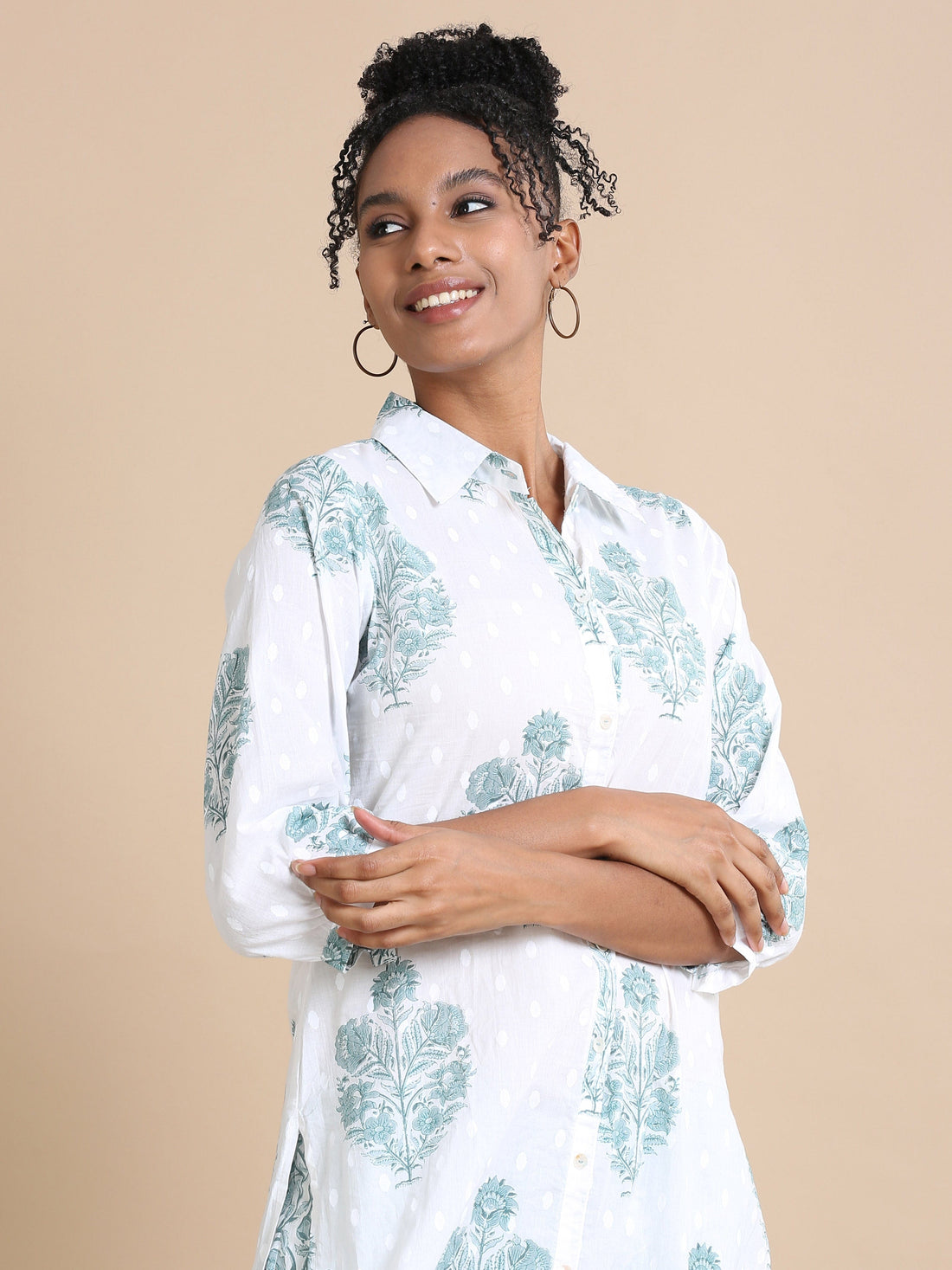 White Cotton Block-Printed Calf-Length Co-Ord Set with 3/4th Sleeves – Stylish Regular-Fit Everyday Ethnic Wear