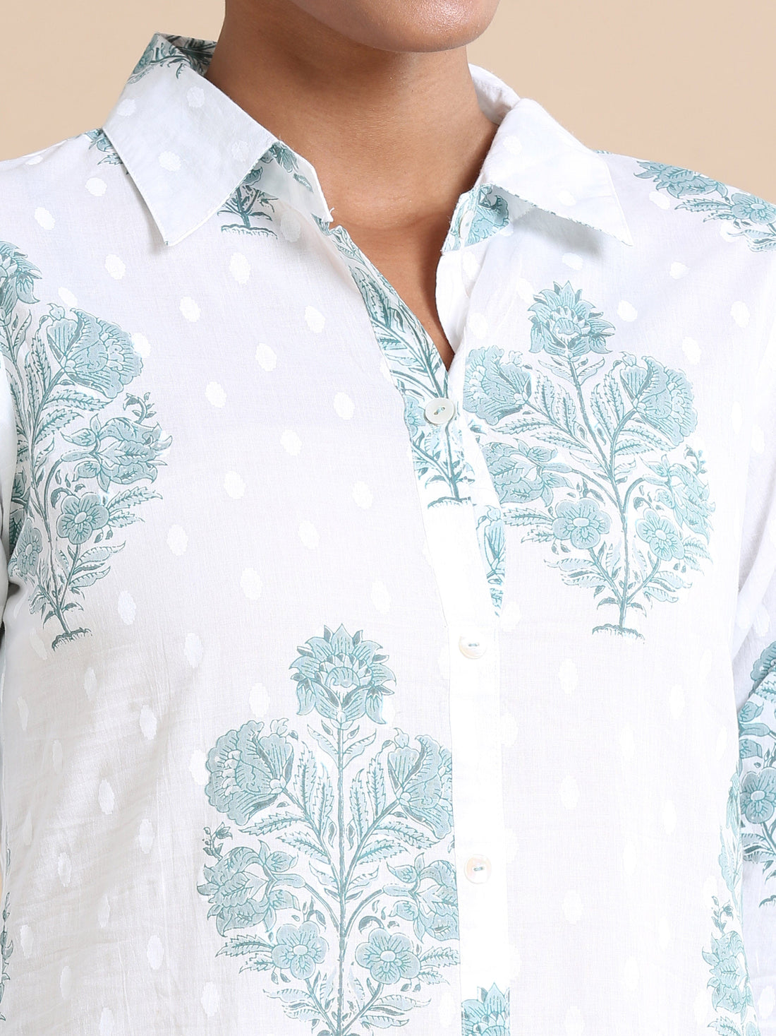 White Cotton Block-Printed Calf-Length Co-Ord Set with 3/4th Sleeves – Stylish Regular-Fit Everyday Ethnic Wear