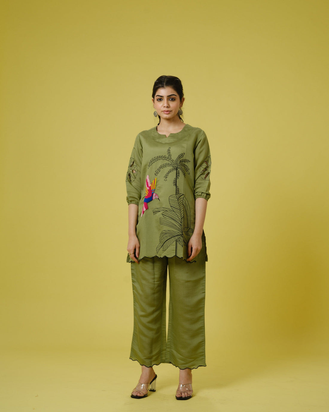 Olive Cotton Chanderi Hip-Length Co-Ord Set with Tropical Print & Thread Work – Elegant 3/4th Sleeve Fusion Wear for Women