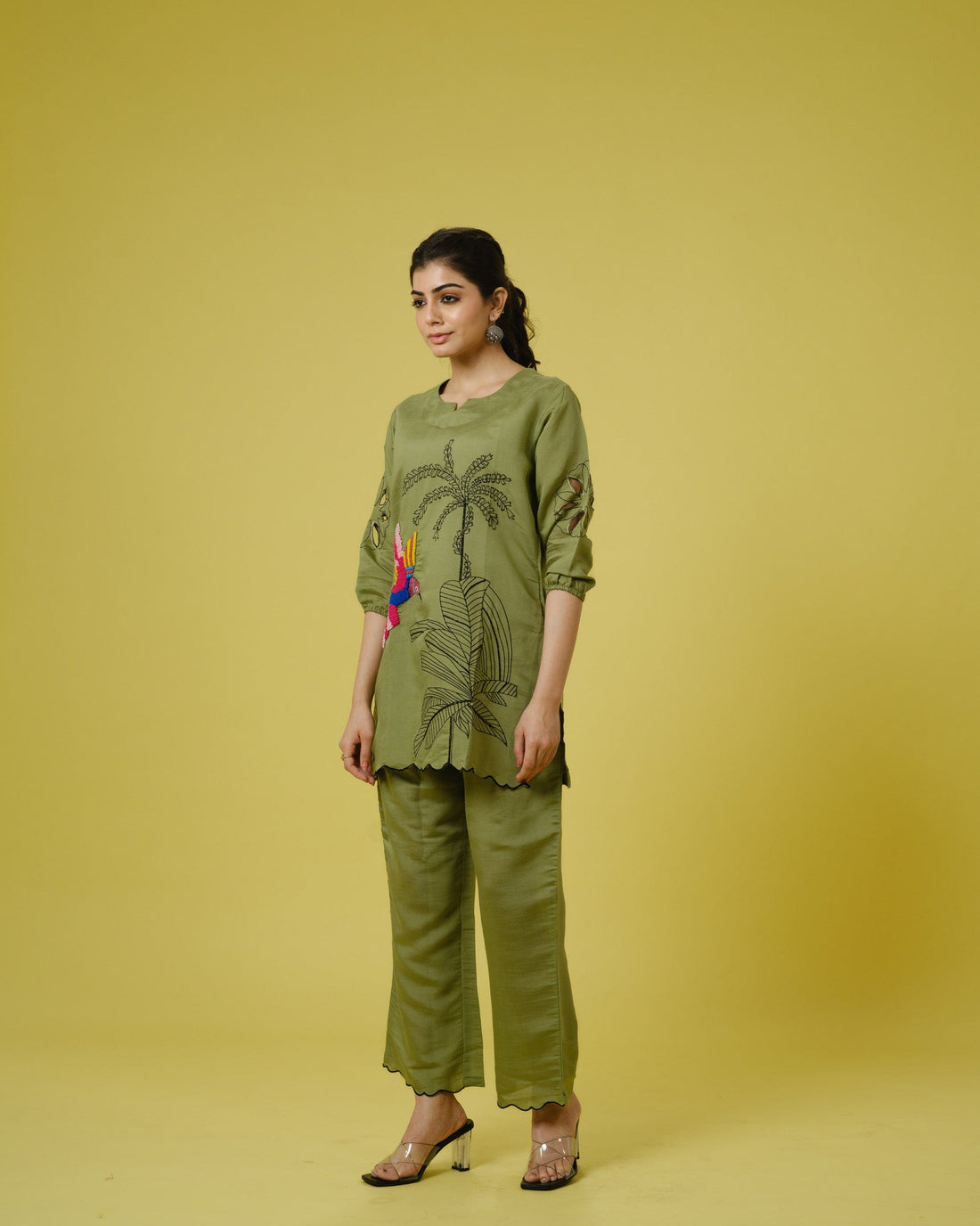 Olive Cotton Chanderi Hip-Length Co-Ord Set with Tropical Print & Thread Work – Elegant 3/4th Sleeve Fusion Wear for Women