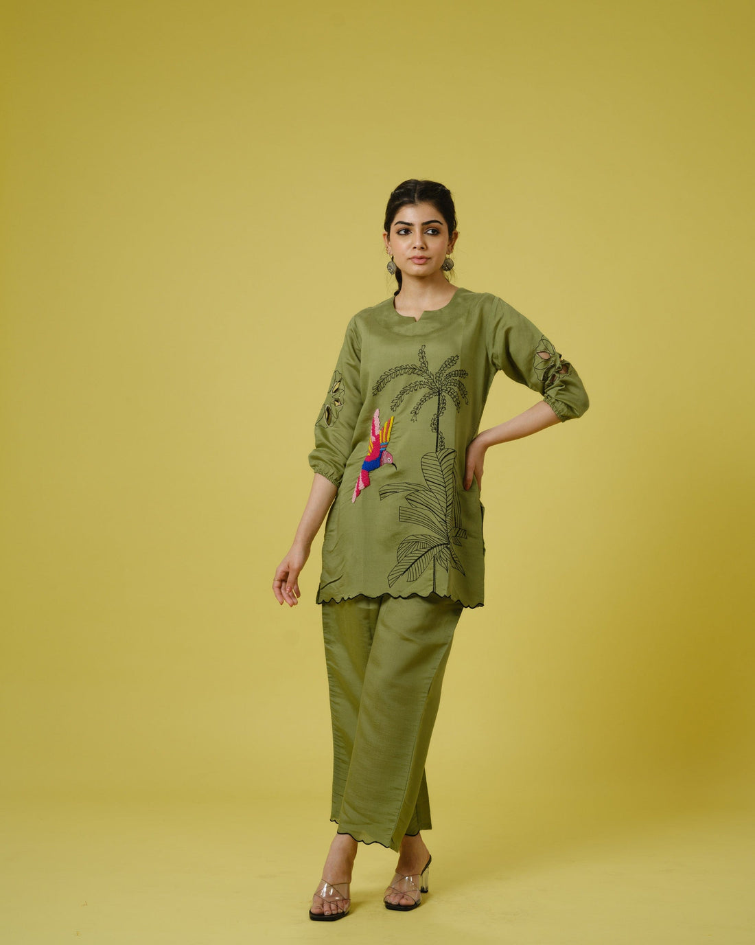 Olive Cotton Chanderi Hip-Length Co-Ord Set with Tropical Print & Thread Work – Elegant 3/4th Sleeve Fusion Wear for Women