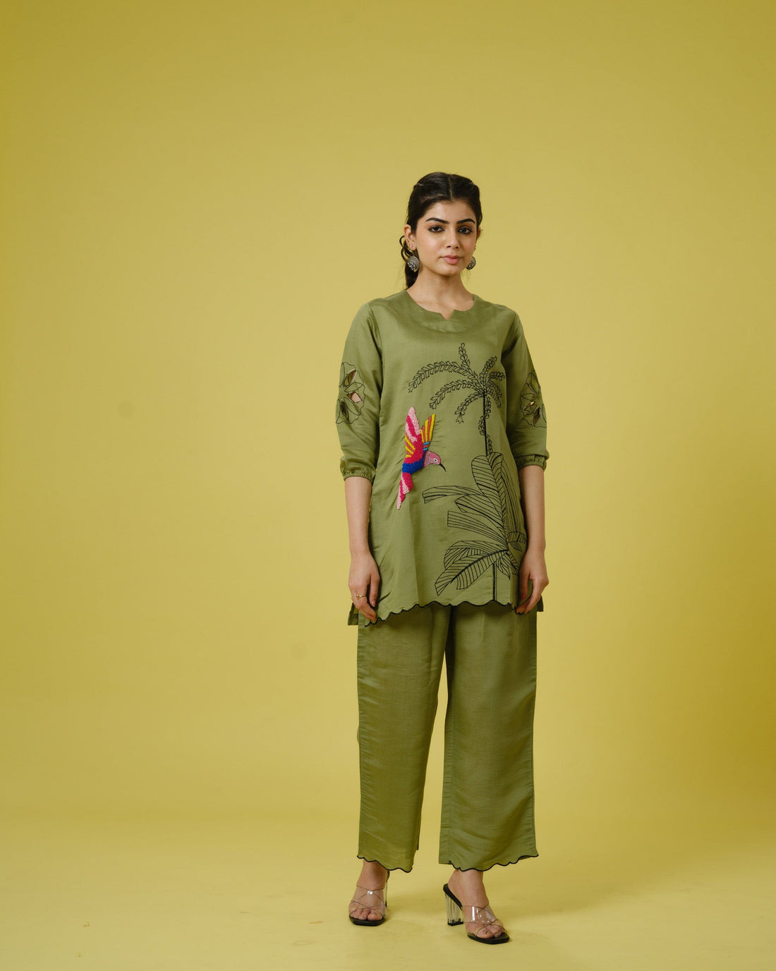 Olive Cotton Chanderi Hip-Length Co-Ord Set with Tropical Print & Thread Work – Elegant 3/4th Sleeve Fusion Wear for Women