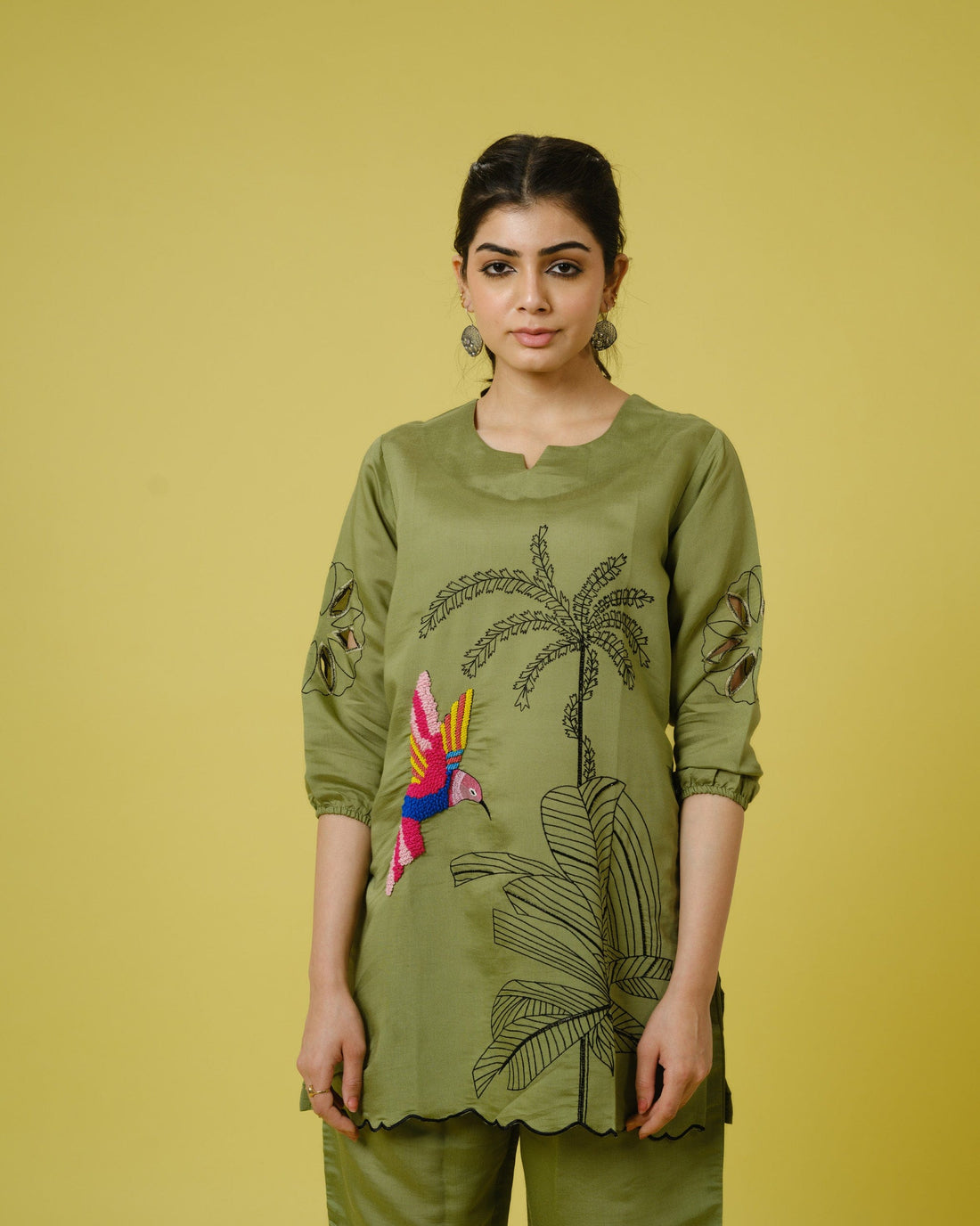 Olive Cotton Chanderi Hip-Length Co-Ord Set with Tropical Print & Thread Work – Elegant 3/4th Sleeve Fusion Wear for Women