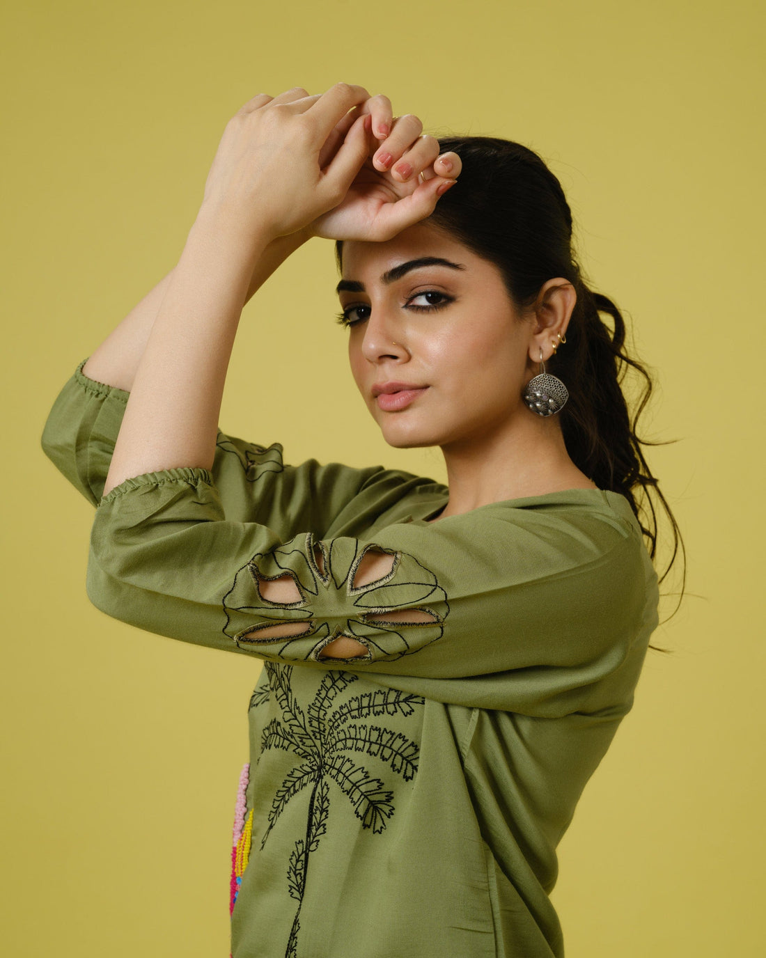 Olive Cotton Chanderi Hip-Length Co-Ord Set with Tropical Print & Thread Work – Elegant 3/4th Sleeve Fusion Wear for Women