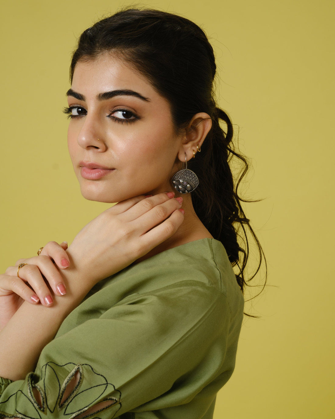 Olive Cotton Chanderi Hip-Length Co-Ord Set with Tropical Print & Thread Work – Elegant 3/4th Sleeve Fusion Wear for Women