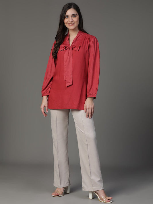 Maroon Solid A-Line Top with Puff Sleeves – Elegant Everyday Western & Fusion Wear