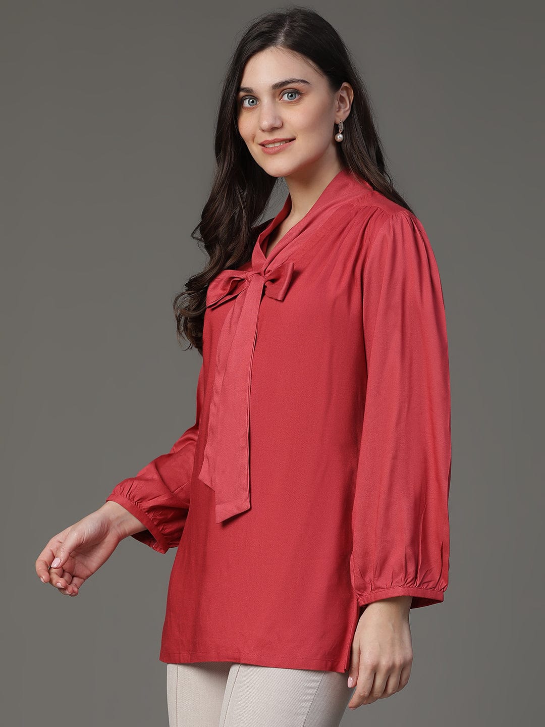 Maroon Solid A-Line Top with Puff Sleeves – Elegant Everyday Western & Fusion Wear