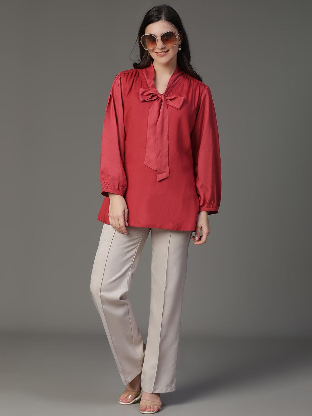 Maroon Solid A-Line Top with Puff Sleeves – Elegant Everyday Western & Fusion Wear