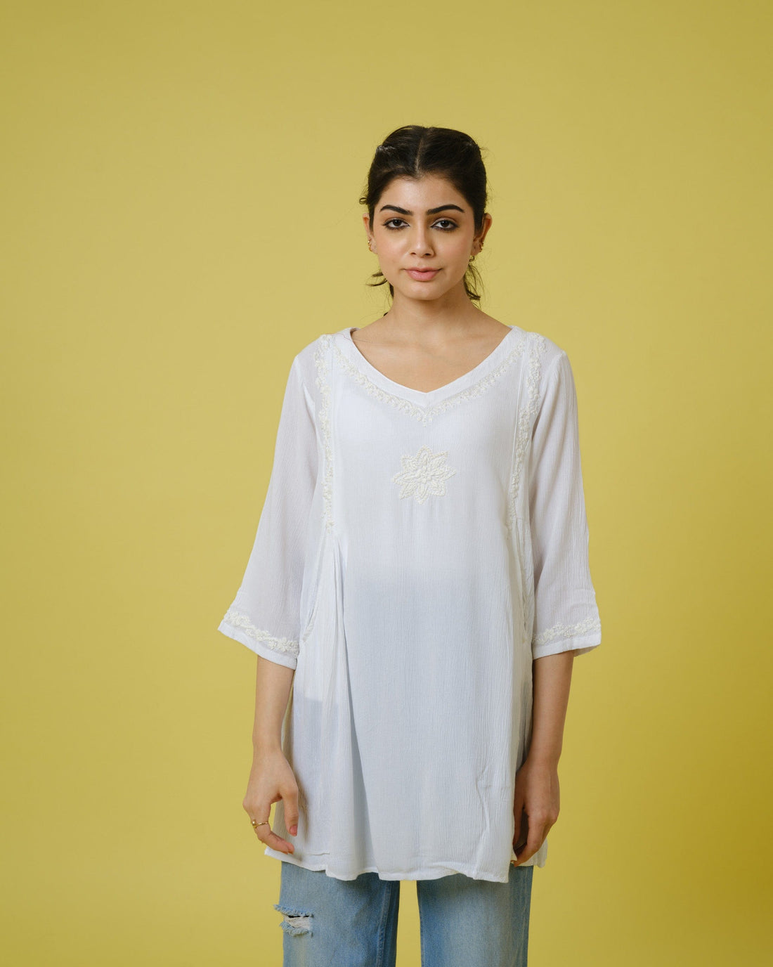 Off-White Chiffon Hip-Length Top with Tonal Floral Thread Work & 3/4th Sleeves – Elegant Lightweight Everyday Wear