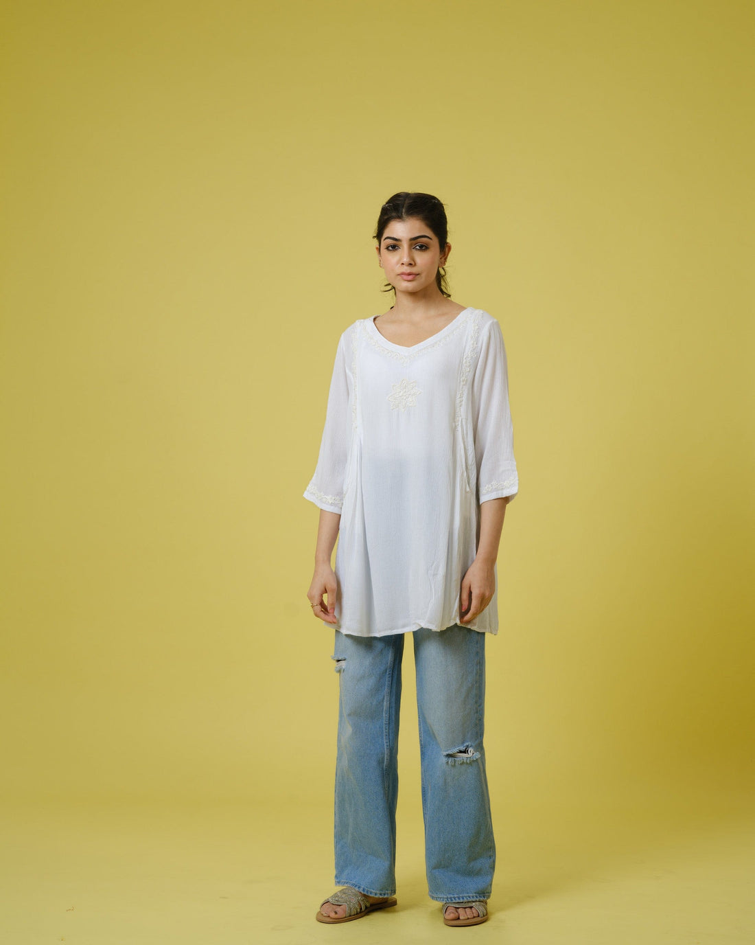 Off-White Chiffon Hip-Length Top with Tonal Floral Thread Work & 3/4th Sleeves – Elegant Lightweight Everyday Wear