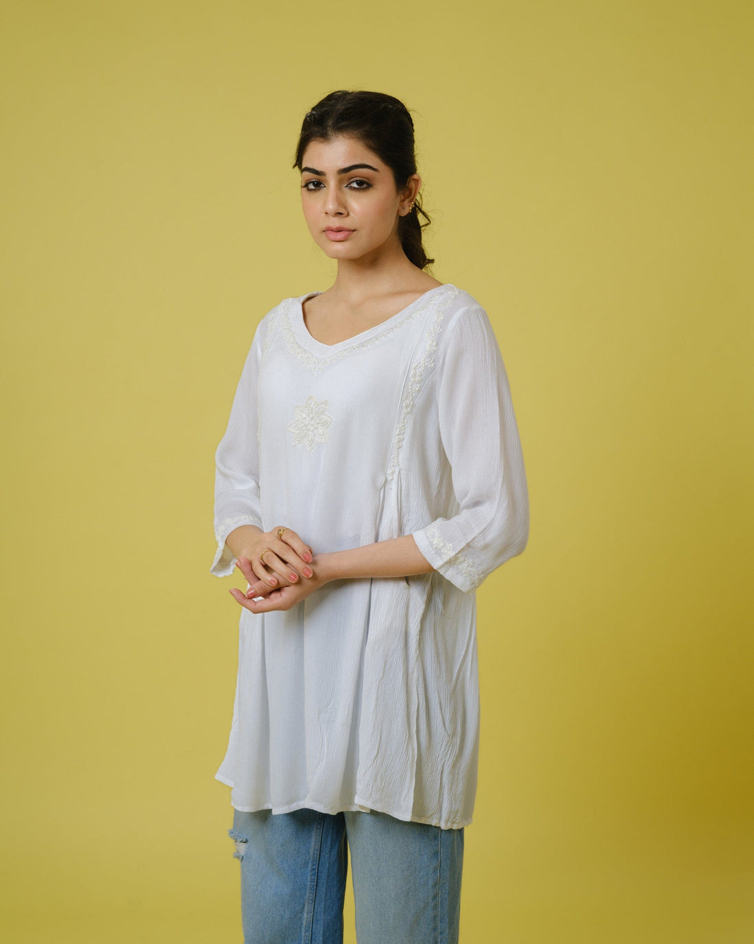 Off-White Chiffon Hip-Length Top with Tonal Floral Thread Work & 3/4th Sleeves – Elegant Lightweight Everyday Wear