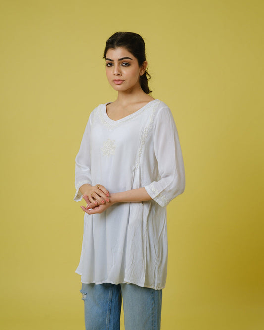 Off-White Chiffon Hip-Length Top with Tonal Floral Thread Work & 3/4th Sleeves – Elegant Lightweight Everyday Wear