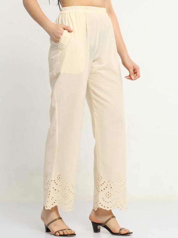 Cream Solid Cotton Regular-Fit Ankle-Length Palazzos – Lightweight Everyday Essential Bottomwear