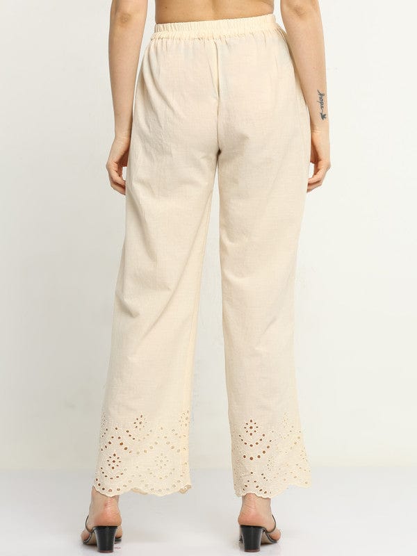 Cream Solid Cotton Regular-Fit Ankle-Length Palazzos – Lightweight Everyday Essential Bottomwear